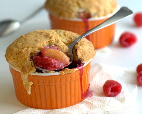 Individual raspberry peach cobblers