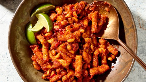 Indonesian stir-fried red chili tofu with peanuts