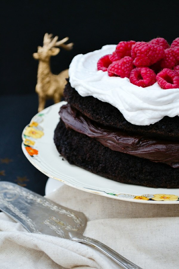 Indulgent vegan chocolate cake with coconut whipped cream