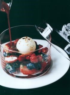 Infusion of summer berries with fromage frais and lime sorbet