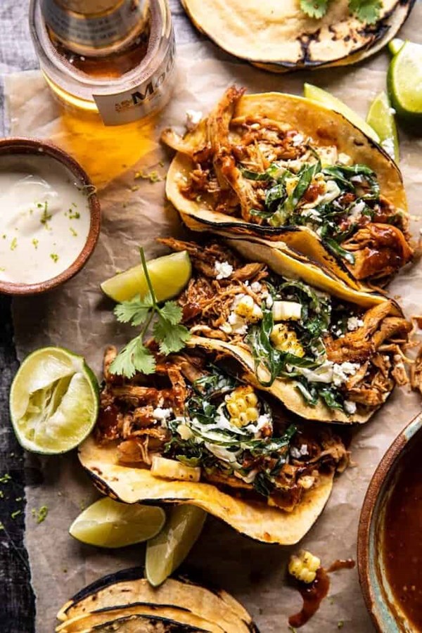 Instant Pot crispy carnitas with chipotle peach salsa (+ creamy corn slaw)