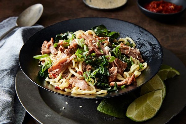 Instant Pot (or not) soy-ginger pork with noodles and greens