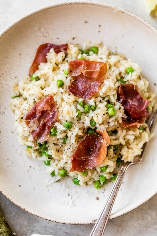Instant Pot risotto with prosciutto, peas and herbs