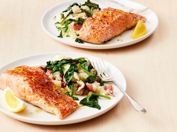 Instant Pot salmon with garlic potatoes and greens