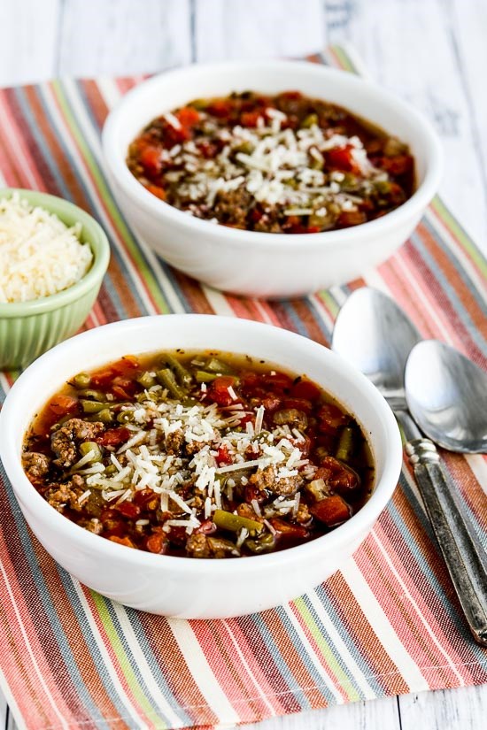 Instant Pot soup with ground beef, green beans, and tomatoes