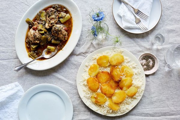 Iranian / Persian herbed celery chicken with crispy potato-crusted rice
