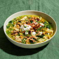 Iranian-style green lentil, chicken and herb soup