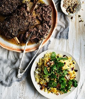 Iranian-style lamb shoulder with cranberry and pistachio spiced rice