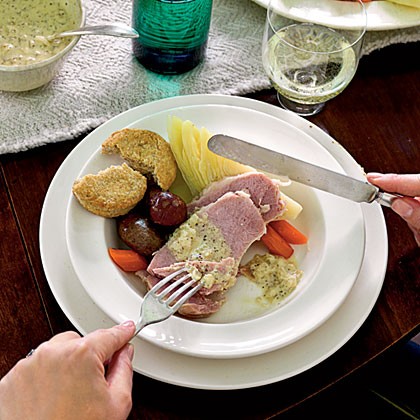 Irish bacon with cabbage and mustard sauce