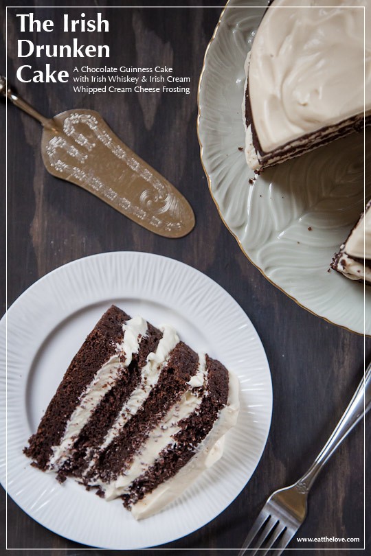 Irish drunken cake, a chocolate Guinness cake with Irish whiskey and Irish cream whipped cream cheese frosting