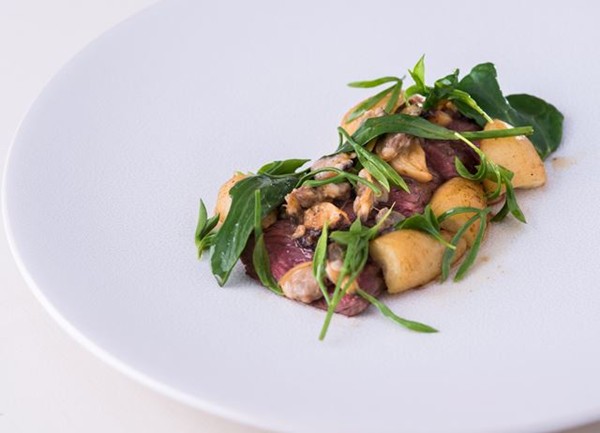 Irish hanger steak, clams, smoked garlic, sea vegetables