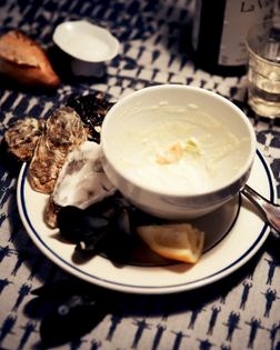 Irish oyster soup with mussels and samphire