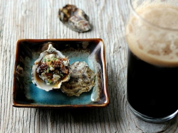Irish stout granita with raw oysters