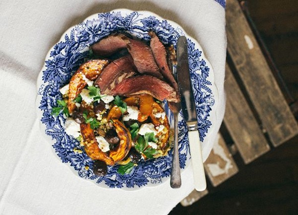 Irish T-bone steak with roasted pumpkin, chestnuts, freekeh, feta and parsley