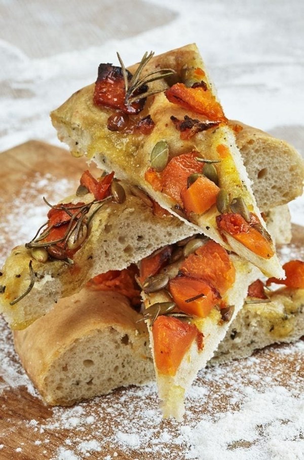 Iron bark pumpkin, rosemary and pumpkin seed focaccia