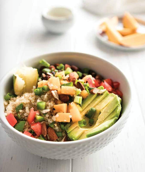 Island black bean-quinoa bowl with mango salsa & coconut-cashew dressing