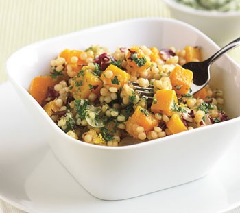 Israeli couscous risotto with squash, radicchio, and parsley butter