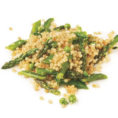 Israeli couscous with asparagus, peas, and sugar snaps