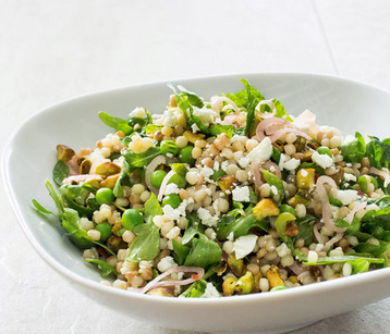 Israeli couscous with lemon, mint, peas, feta, and pickled shallots