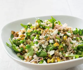 Israeli couscous with lemon, mint, peas, feta, and pickled shallots
