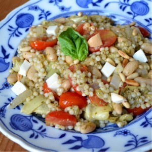 Israeli couscous with pesto, tomatoes, and white beans