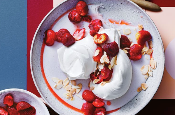 Israeli milk pudding (Malabi) with almond and strawberry