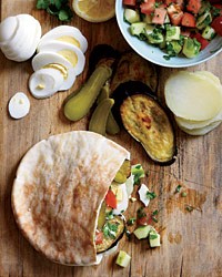 Israeli roast eggplant hummus and pickle sandwiches