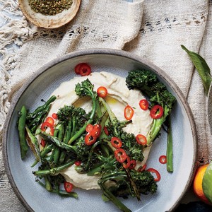 Israeli-style hummus with charred broccolini with chiles