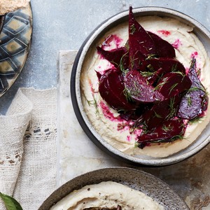 Israeli-style hummus with roasted beets with dill