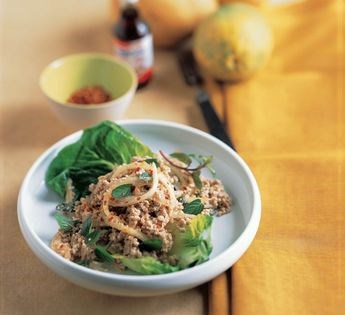 Issahn-style minced pork salad with crunchy rice and fresh mint (Lahp moo)
