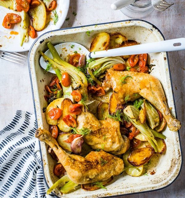 Italian chicken, fennel and garlic traybake