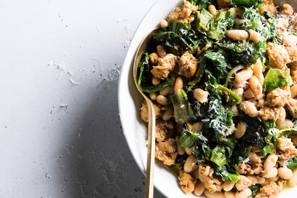 Italian chicken sausage and white beans with escarole