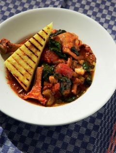 Italian chicken stew with grilled goat cheese polenta