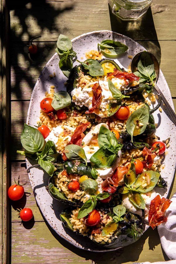 Italian orzo salad stuffed peppers with burrata