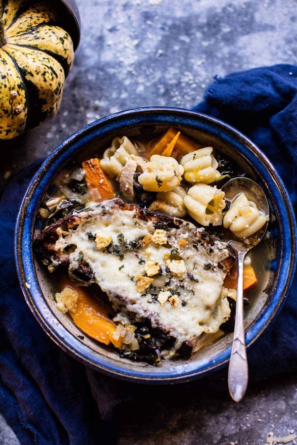 Italian pumpkin and kale chicken noodle soup with Fontina toast