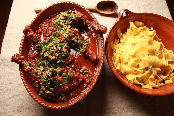 Italian red-wine braised duck with olive gremolata