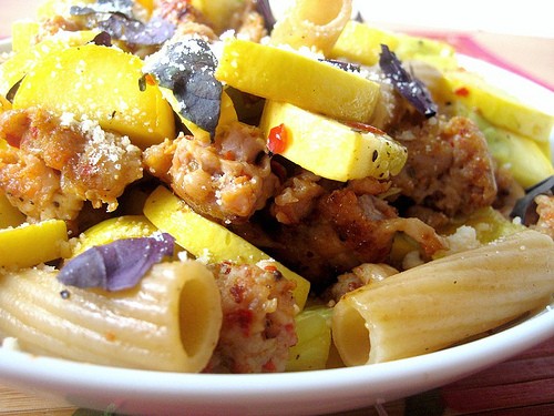 Italian sausage and summer squash pasta