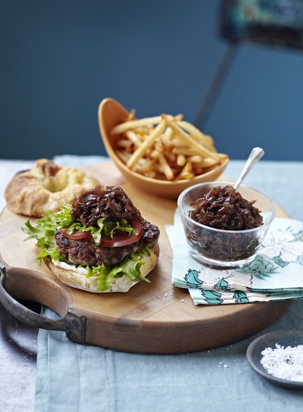 Italian sausage burgers with red onion jam