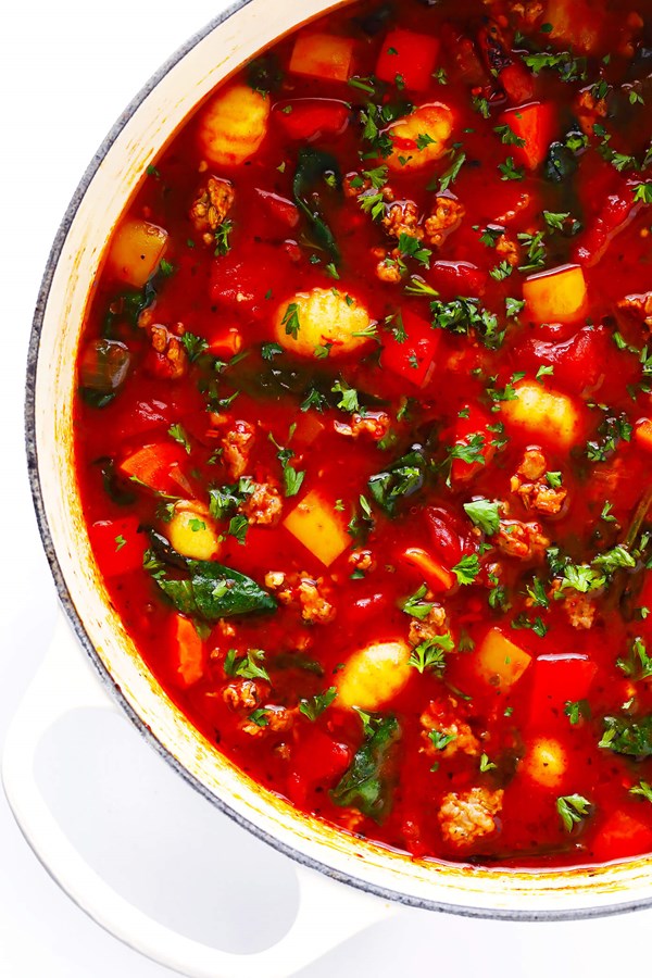 Italian sausage, gnocchi and tomato soup