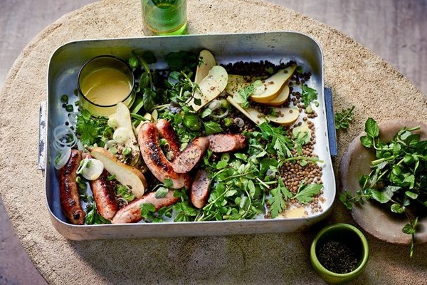 Italian sausage, pear, lentil & watercress salad