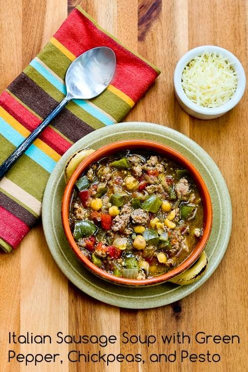 Italian sausage soup with green pepper, chickpeas, and pesto