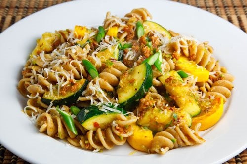 Italian sausage, zucchini and garlic scape pasta