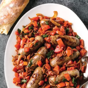 Italian sausages with balsamic stewed tomatoes