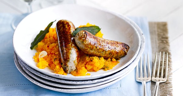 Italian sausages with sage, chilli and butternut mash