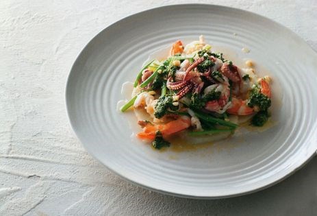 Italian seafood salad with pesto, potatoes & green beans