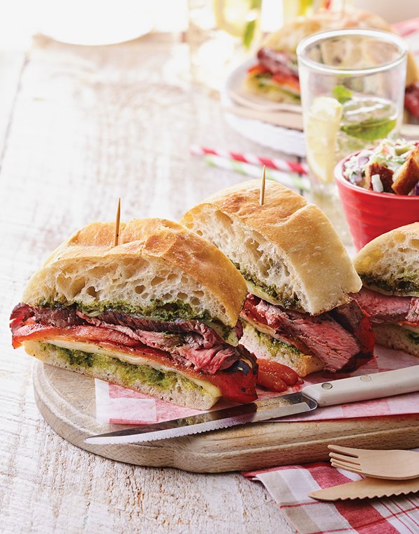 Italian steak sandwich with pesto and grilled red peppers