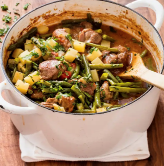 Italian-style lamb stew with green beans, tomatoes, and basil