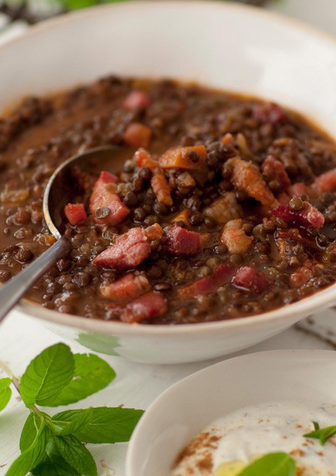 Italian-style lentil and bacon soup