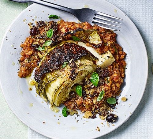 Italian-style roast cabbage wedges with tomato lentils