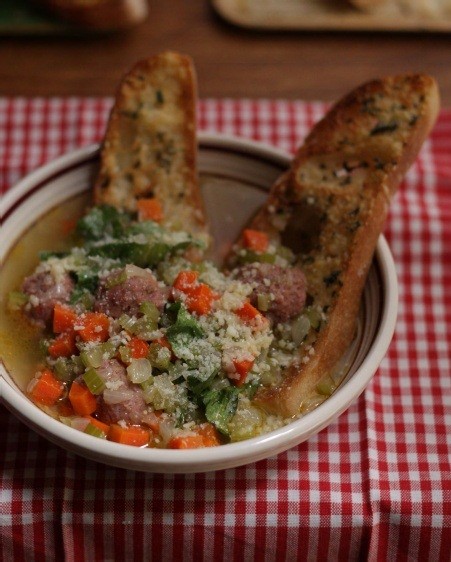 Italian wedding soup with chicken meatballs and sage crostone